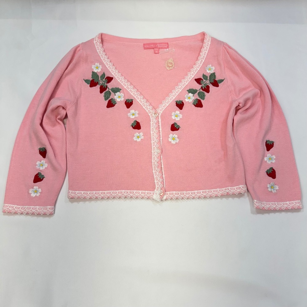 NWOT Dolls Kill x Strawberry Shortcake Pink Embroidered Crop Cardigan Medium - Picture 5 of 13